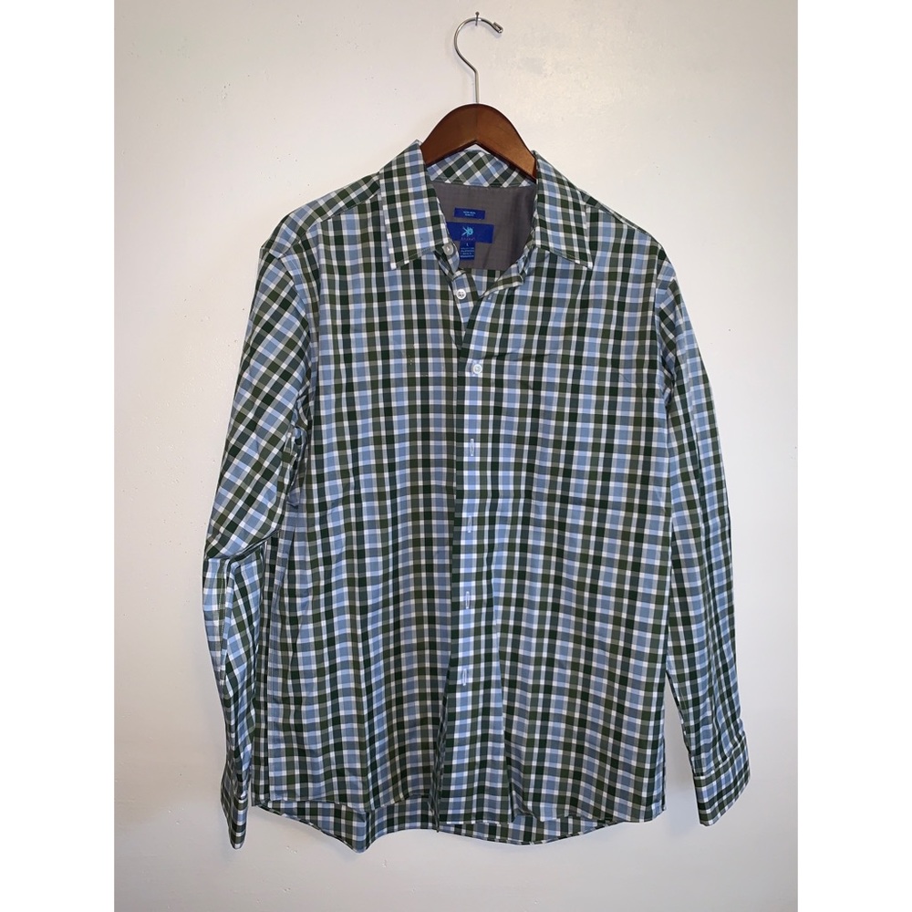 Men’s Large Egara Blue, Green, & White Plaid Button Down